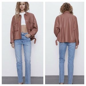 Zara Faux Leather Oversized Button Down Collared Jacket in Mid Pink Size Medium